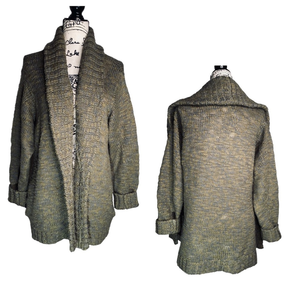 HINGE - Chunky Knit Open-Front Cardigan Sweater in Mossy Green - M